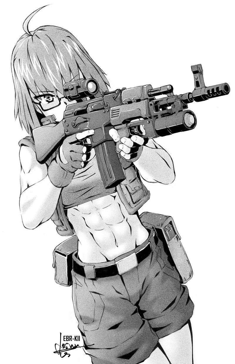 1girl abs ahoge ak-47 assault_rifle belt ebr-kii glasses grenade_launcher greyscale gun highres holding holding_gun holding_weapon midriff monochrome muscle muscular_female open_clothes open_vest original rifle shorts solo tank_top trigger_discipline underbarrel_grenade_launcher vest weapon white_background