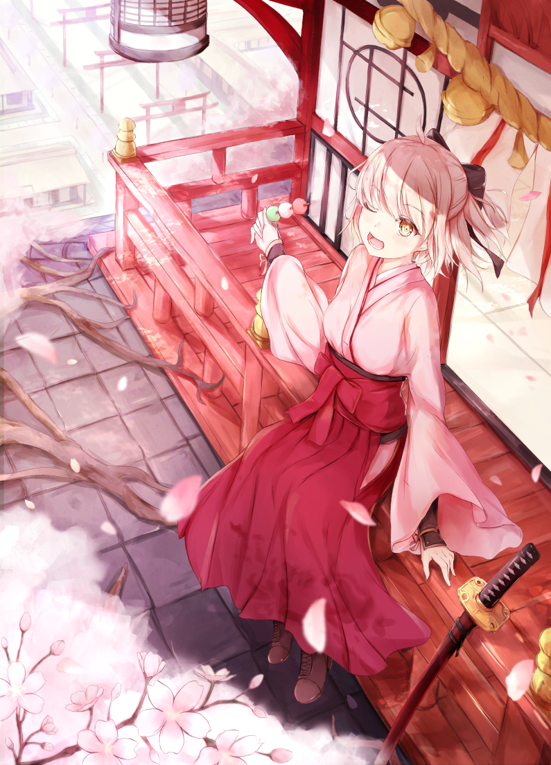 1girl ;d bangs bell black_bow boots bow brown_footwear commentary_request day eyebrows_visible_through_hair fate/grand_order fate_(series) flower food hair_between_eyes hair_bow hakama hanagin high_heel_boots high_heels holding holding_food japanese_clothes jingle_bell katana kimono koha-ace light_brown_hair long_hair looking_at_viewer okita_souji_(fate) one_eye_closed open_mouth outdoors petals pink_flower pink_kimono railing red_hakama roots rope sheath sheathed shimenawa short_kimono sitting smile solo sword torii weapon yellow_eyes