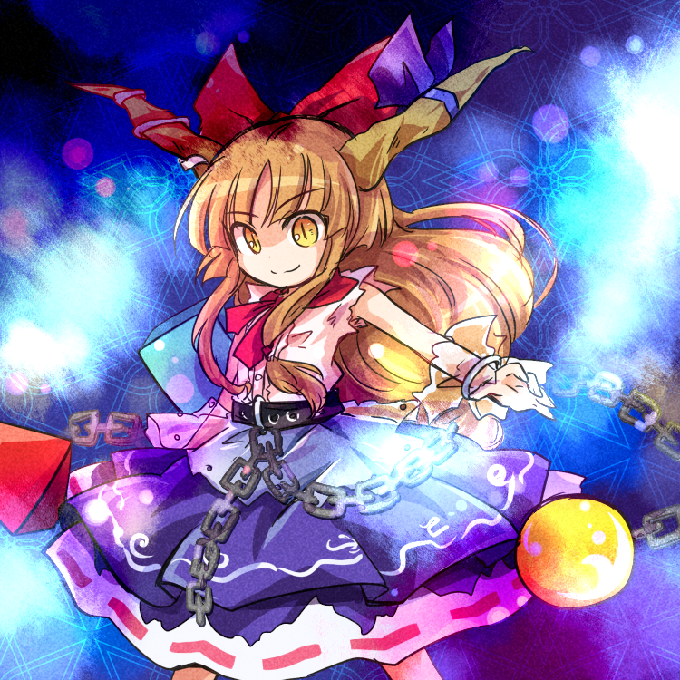 1girl belt bow bowtie buttons chains closed_mouth commentary_request cowboy_shot eyebrows_visible_through_hair hair_bow horn horn_ribbon horns ibuki_suika long_hair oni orange_hair outstretched_arms pote_(ptkan) purple_skirt red_neckwear ribbon shirt sidelocks skirt sleeveless sleeveless_shirt slit_pupils solo spread_arms torn_clothes torn_sleeves touhou very_long_hair white_shirt yellow_eyes