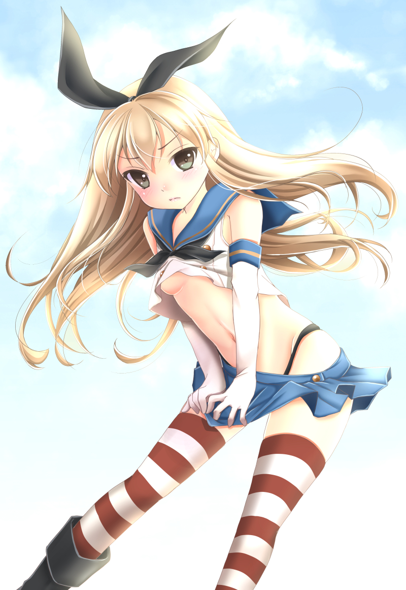 1girl black_panties blonde_hair blush breasts crop_top dress elbow_gloves gloves grey_eyes hairband highleg highleg_panties horizontal-striped_legwear horizontal_stripes iname kantai_collection long_hair looking_at_viewer microskirt midriff miniskirt navel panties parted_lips sailor_collar sailor_dress school_uniform serafuku shimakaze_(kantai_collection) skirt sleeveless solo striped striped_legwear thigh-highs underwear white_gloves