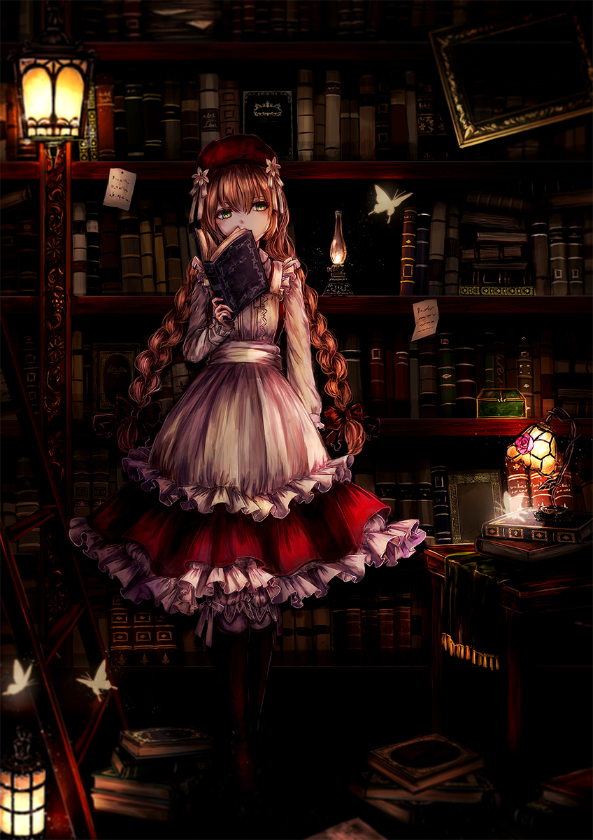 1girl book book_stack bookshelf boots brown_hair bug butterfly covering_mouth dark dress emone04 highres insect ladder lantern layered_dress library note open_book original pinafore_dress red_dress solo standing table white_dress yellow_eyes