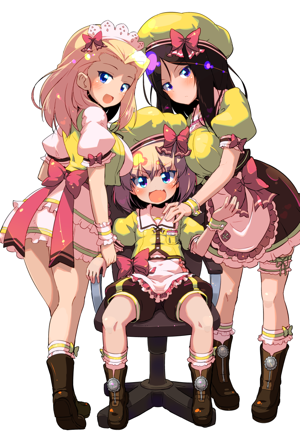 3girls :d alternate_costume apron arm_grab bangs black_footwear black_hair black_neckwear black_shorts blonde_hair blue_eyes boots bow breast_press chair chef_hat clara_(girls_und_panzer) coco's collared_shirt commentary_request emblem eyebrows_visible_through_hair fang frilled_apron frilled_legwear frilled_skirt frills from_side frown full_body girl_sandwich girls_und_panzer hand_on_another's_shoulder hat highres jacket katyusha layered_skirt long_hair looking_at_viewer looking_back maid_headdress miniskirt multiple_girls name_tag neck_ribbon nonna open_mouth pink_apron pravda_(emblem) puffy_short_sleeves puffy_shorts puffy_sleeves red_bow ribbon sandwiched shirt short_hair short_sleeves shorts simple_background single_vertical_stripe sitting skirt sleeveless_jacket smile standing sw swept_bangs v-shaped_eyebrows waist_apron white_background white_legwear white_shirt white_skirt wristband yellow_hat yellow_jacket yellow_shirt zipper