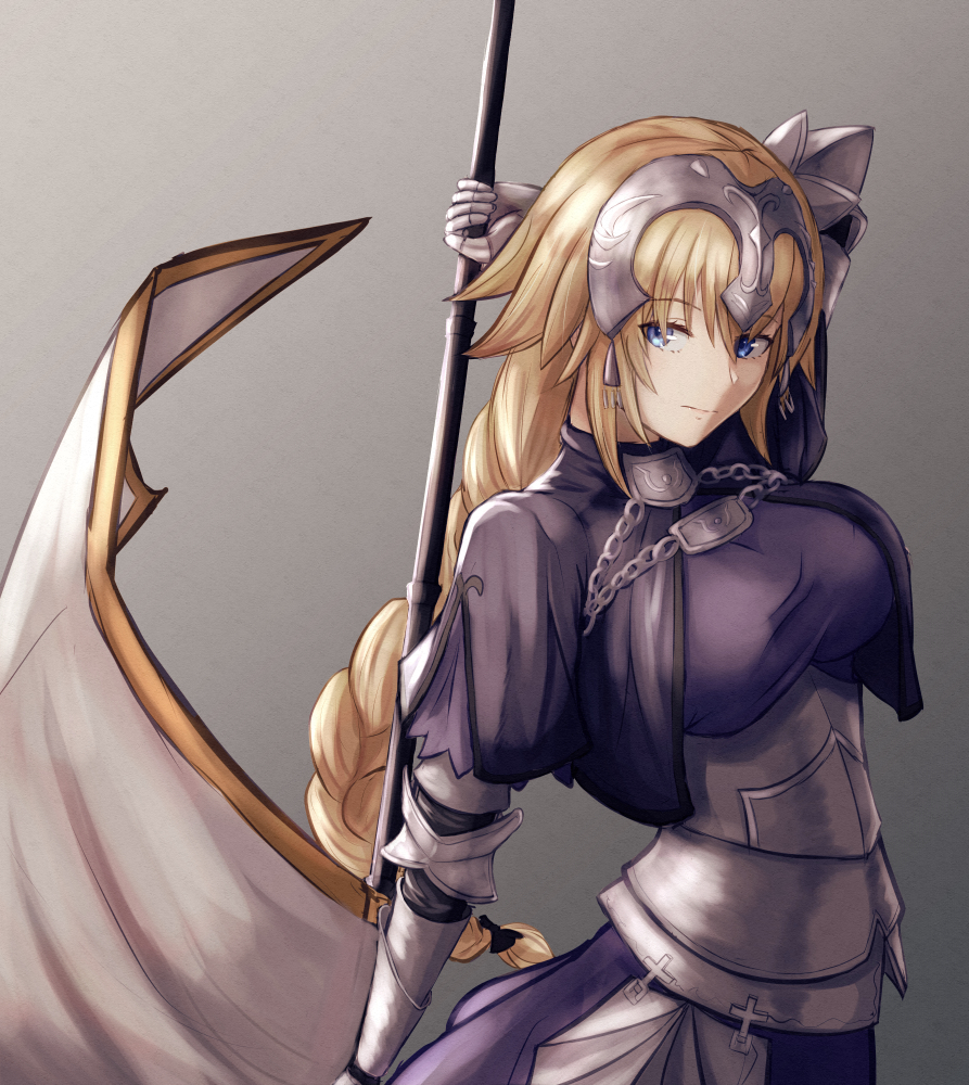 1girl armor armored_dress banner blonde_hair blue_eyes braid breasts eyebrows_visible_through_hair fate/apocrypha fate_(series) grey_background hair_between_eyes holding jeanne_d'arc_(fate) jeanne_d'arc_(fate)_(all) large_breasts long_hair looking_at_viewer moppo ponytail single_braid solo very_long_hair