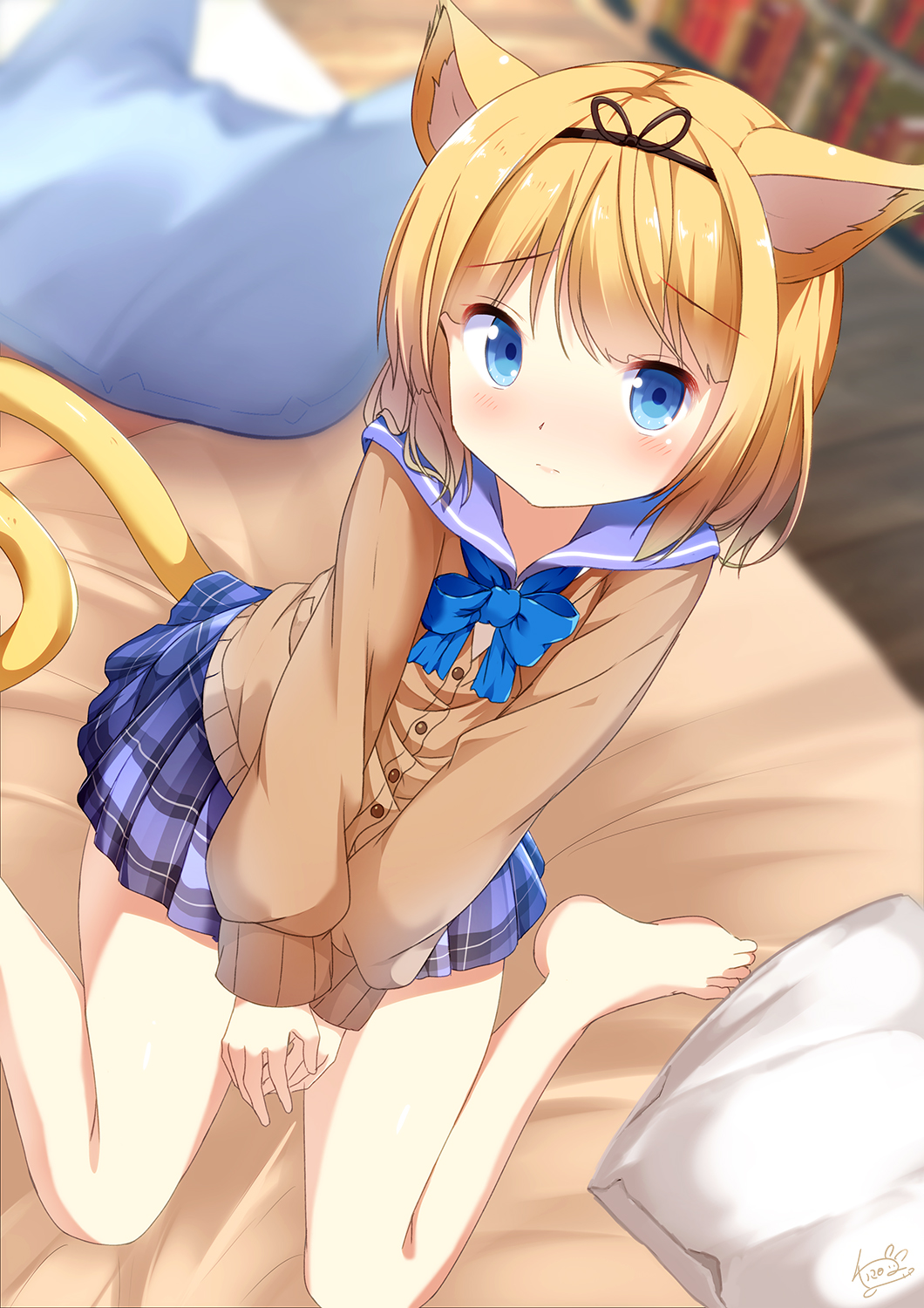 1girl animal_ears bangs bed between_legs black_ribbon blonde_hair blue_eyes blue_neckwear blue_sailor_collar blue_skirt blurry blurry_background blush book bookshelf bow bowtie brown_cardigan cardigan cat_ears cat_girl cat_tail chinomaron closed_mouth commentary_request depth_of_field eyebrows_visible_through_hair gochuumon_wa_usagi_desu_ka? hair_ribbon hand_between_legs highres kemonomimi_mode kirima_sharo long_sleeves looking_at_viewer on_bed pillow plaid plaid_skirt pleated_skirt ribbon sailor_collar school_uniform serafuku sitting skirt solo tail wariza