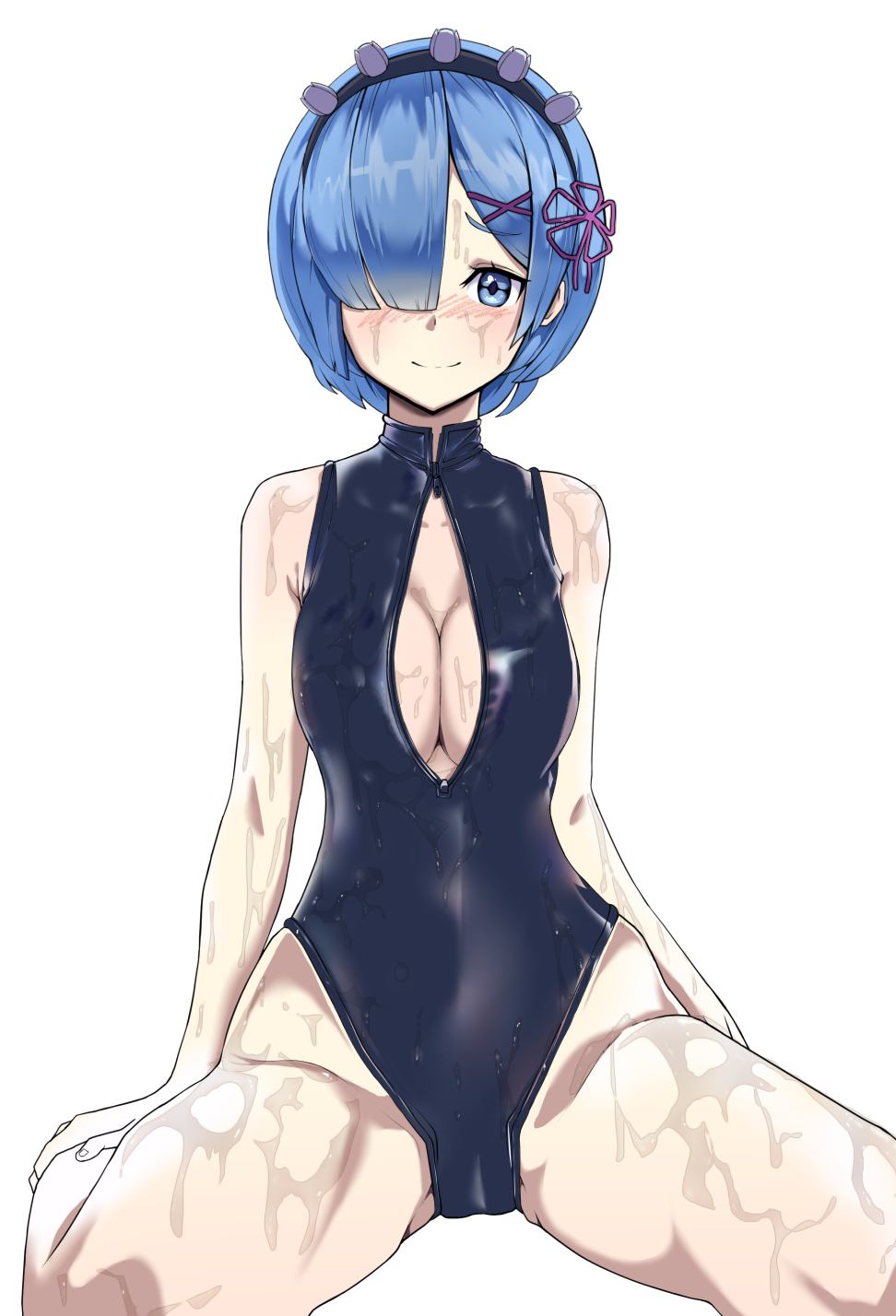 1girl be_garam black_swimsuit blue_eyes blue_hair breasts cleavage cleavage_cutout front_zipper_swimsuit hair_ornament hair_over_one_eye hair_ribbon highleg highleg_swimsuit highres looking_at_viewer meme_attire one-piece_swimsuit pink_ribbon re:zero_kara_hajimeru_isekai_seikatsu red_ribbon rem_(re:zero) ribbon short_hair sitting solo swimsuit turtleneck wariza wet wet_clothes wet_swimsuit x_hair_ornament