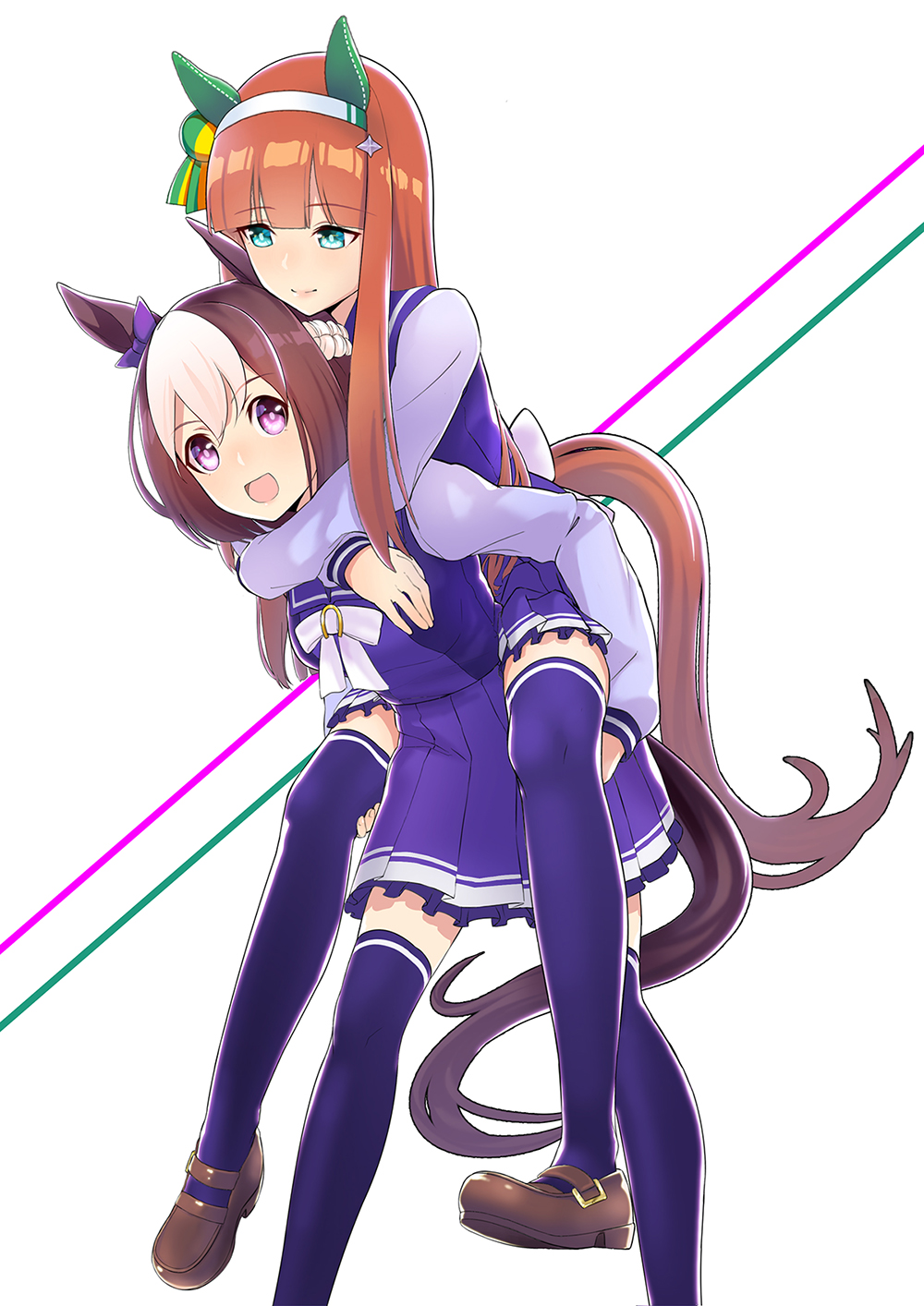 2girls :d animal_ears bangs blue_legwear blunt_bangs bow braid brown_hair carrying eyebrows_visible_through_hair green_eyes hair_bow hairband highres horse_ears horse_tail loafers long_hair long_sleeves looking_at_another multicolored_hair multiple_girls niketora open_mouth piggyback school_uniform shoes silence_suzuka smile special_week tail thigh-highs two-tone_hair umamusume violet_eyes white_hair