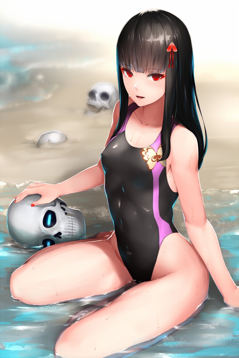 1girl black_hair black_swimsuit bug butterfly competition_swimsuit fate/grand_order fate_(series) flat_chest highres insect kageshio_(276006) koha-ace long_hair looking_at_viewer oda_nobunaga_(fate) one-piece_swimsuit red_eyes sitting skull solo swimsuit waves yokozuwari