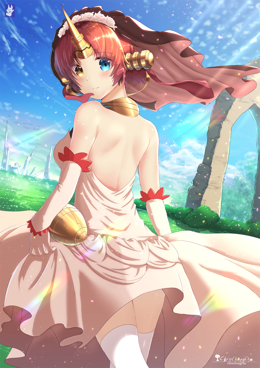 1girl backless_outfit blue_eyes blue_sky blush bridal_veil brown_hair chinchongcha day detached_sleeves dress fate/apocrypha fate_(series) frankenstein's_monster_(fate) from_behind heterochromia highres horn looking_at_viewer looking_back open-back_dress outdoors short_hair signature sky smile solo standing thigh-highs veil wedding_dress white_dress white_legwear yellow_eyes