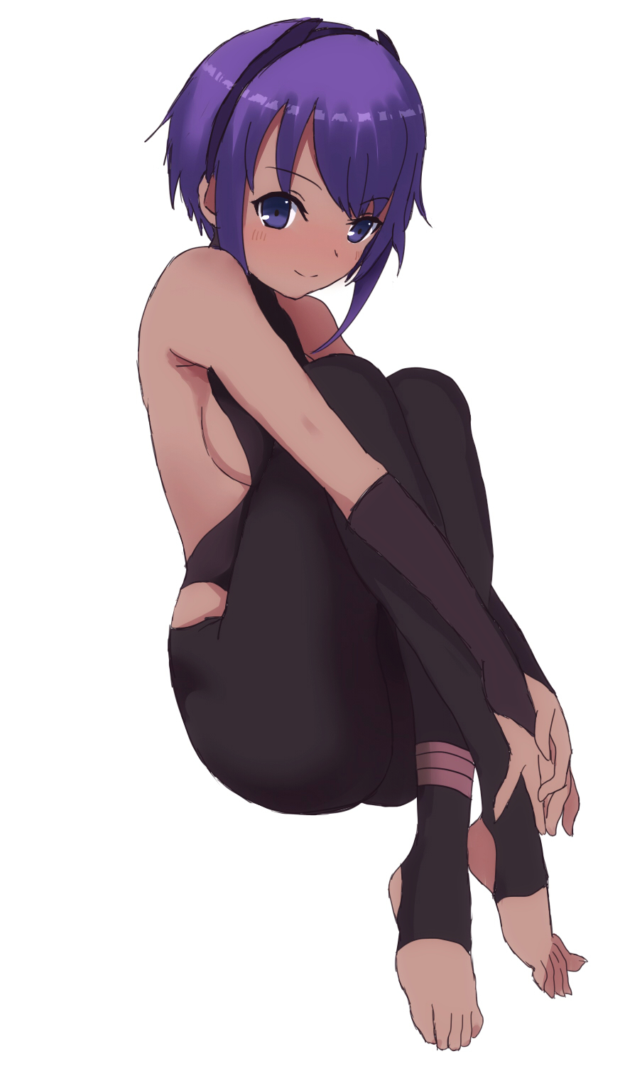 1girl bare_shoulders black_bodysuit blush bodysuit breasts bridal_gauntlets closed_mouth fate/prototype fate/prototype:_fragments_of_blue_and_silver fate_(series) full_body hassan_of_serenity_(fate) highres large_breasts leg_hug mitchi no_shoes purple_hair sidelocks simple_background sitting solo stirrup_legwear toeless_legwear toenails violet_eyes white_background