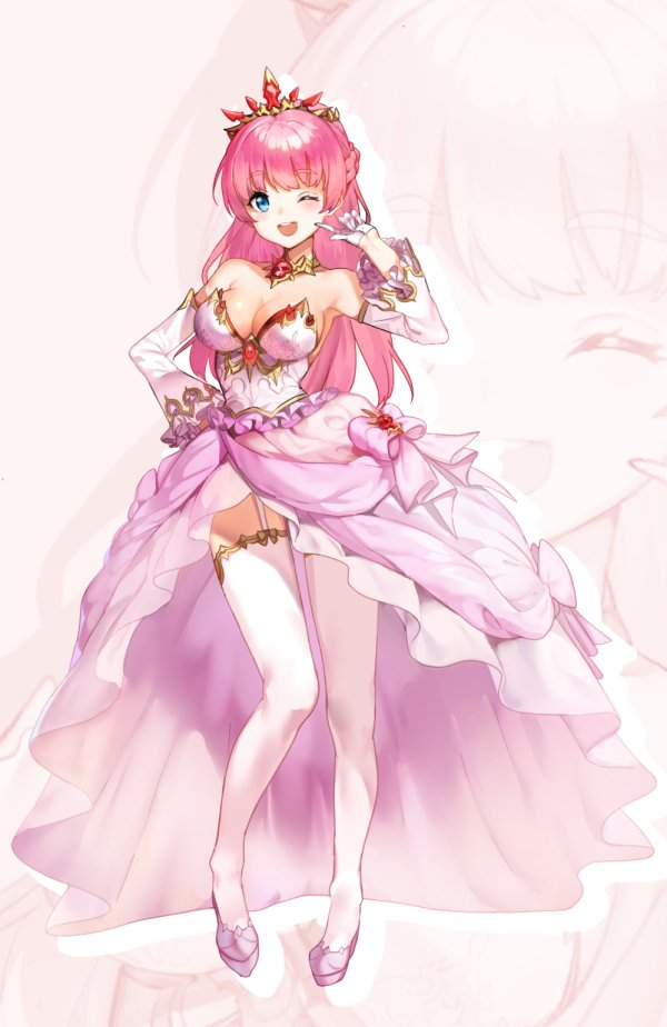 1girl ;d bare_shoulders blue_eyes braid breasts cleavage detached_collar detached_sleeves dress eyebrows_visible_through_hair full_body garter_straps gloves half_gloves hand_on_hip long_hair medium_breasts one_eye_closed open_mouth original pink_hair shovelwell smile solo standing strapless strapless_dress thigh-highs tiara white_gloves white_legwear zoom_layer