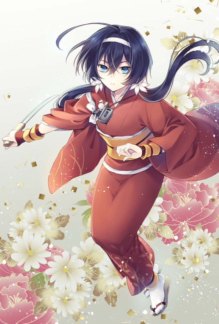 1girl ahoge black_hair blue_eyes bow bungou_stray_dogs cellphone commentary_request floral_background flower full_body gradient gradient_background hair_between_eyes hair_flower hair_ornament hairband holding holding_sword holding_weapon izumi_kyouka_(bungou_stray_dogs) japanese_clothes katana kimono leaf long_hair low_twintails obi outstretched_arm phone pink_flower red_kimono sandals sash solo stuffed_animal stuffed_bunny stuffed_toy sword tabi tasuki twintails uzuki_eri weapon white_bow white_flower white_footwear white_hairband wide_sleeves wrist_cuffs