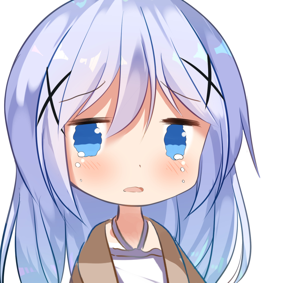 1girl bangs blue_eyes blue_hair blush brown_jacket chinomaron crying crying_with_eyes_open dress eyebrows_visible_through_hair gochuumon_wa_usagi_desu_ka? hair_between_eyes hair_ornament halterneck jacket kafuu_chino long_hair looking_at_viewer open_mouth simple_background solo tears wavy_mouth white_background white_dress x_hair_ornament