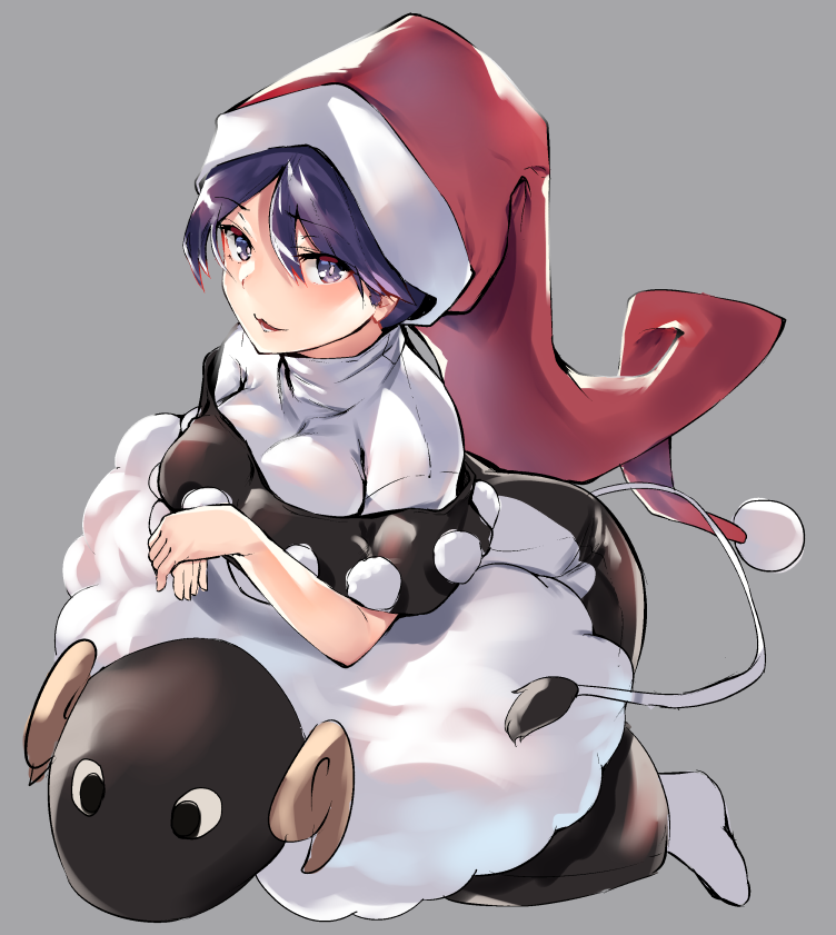 1girl asuzemu blue_eyes blue_hair book breasts capelet doremy_sweet dress grey_background hat large_breasts long_hair looking_at_viewer multicolored multicolored_clothes multicolored_dress nightcap nightgown open_mouth pom_pom_(clothes) red_hat sheep short_hair smile stuffed_animal stuffed_sheep stuffed_toy tail tapir_tail touhou