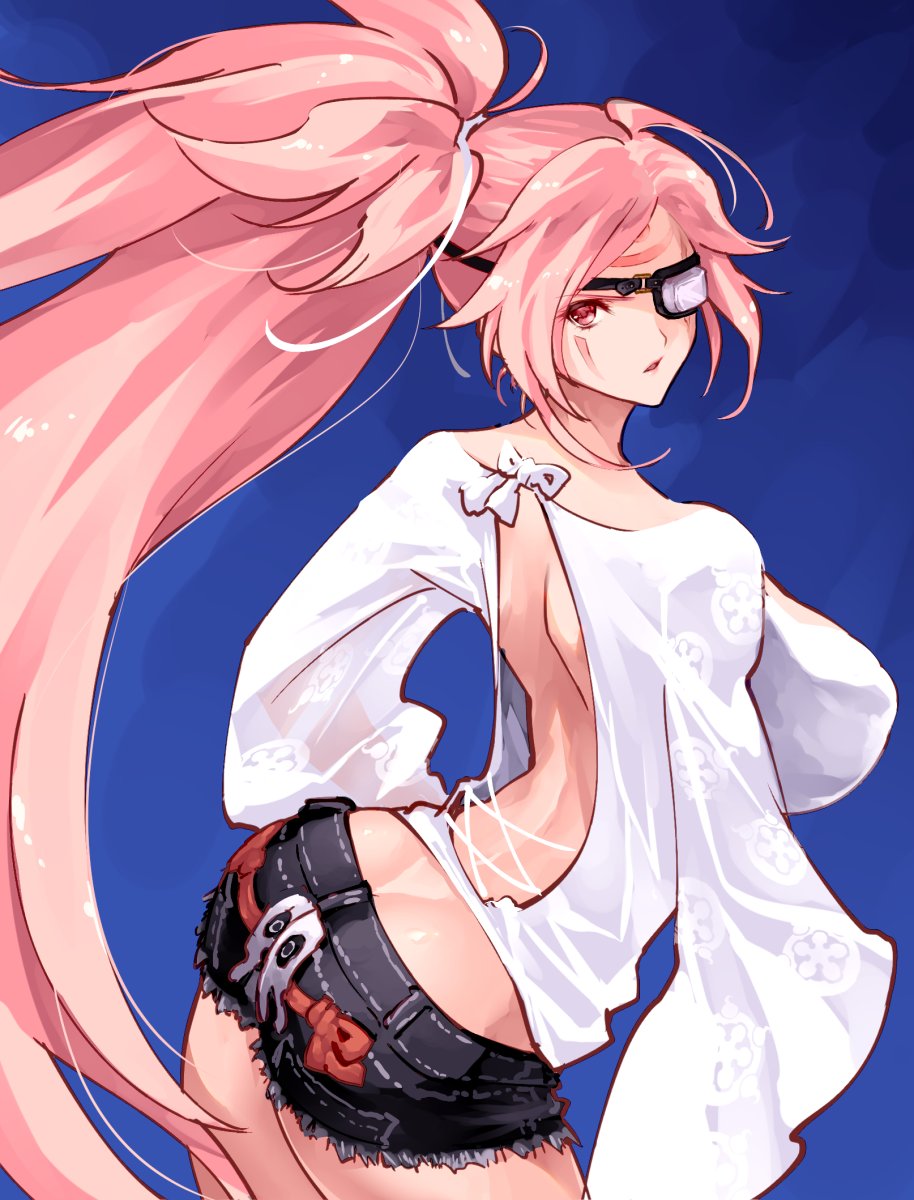 1girl alternate_costume amputee arched_back backless_outfit baiken breasts casual commentary_request denim denim_shorts facial_tattoo from_behind guilty_gear guilty_gear_xrd hair_tie highres jako_(toyprn) large_breasts long_hair looking_back one-eyed pink_hair ponytail red_eyes scar scar_across_eye shirt short_shorts shorts sideboob tattoo very_long_hair white_shirt wide_sleeves