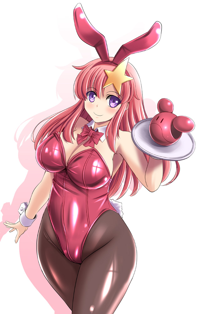 1girl alternate_costume animal_ears black_legwear blush bow bowtie breasts bunny_tail bunnysuit cleavage colored_shadow detached_collar fake_animal_ears gundam gundam_seed gundam_seed_destiny hair_ornament haro holding holding_tray large_breasts leotard long_hair looking_at_viewer meer_campbell pantyhose pink_hair rabbit_ears red_leotard shadow shiny shiny_clothes sidelocks simple_background smile star star_hair_ornament tail tonpuu tray violet_eyes white_background wrist_cuffs