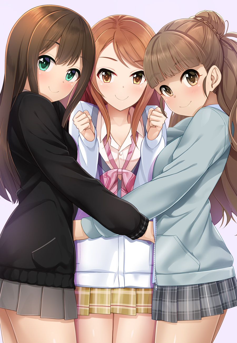 3girls bangs black_sweater blue_sweater blunt_bangs blush brown_eyes brown_hair cardigan eyebrows girl_sandwich green_eyes grey_skirt hair_bun highres houjou_karen hug idolmaster idolmaster_cinderella_girls kamiya_nao kazu long_hair looking_at_viewer multiple_girls necktie orange_hair plaid plaid_skirt pleated_skirt sandwiched school_uniform shibuya_rin simple_background skirt smile sweater swept_bangs thick_eyebrows thighs wavy_hair yellow_skirt