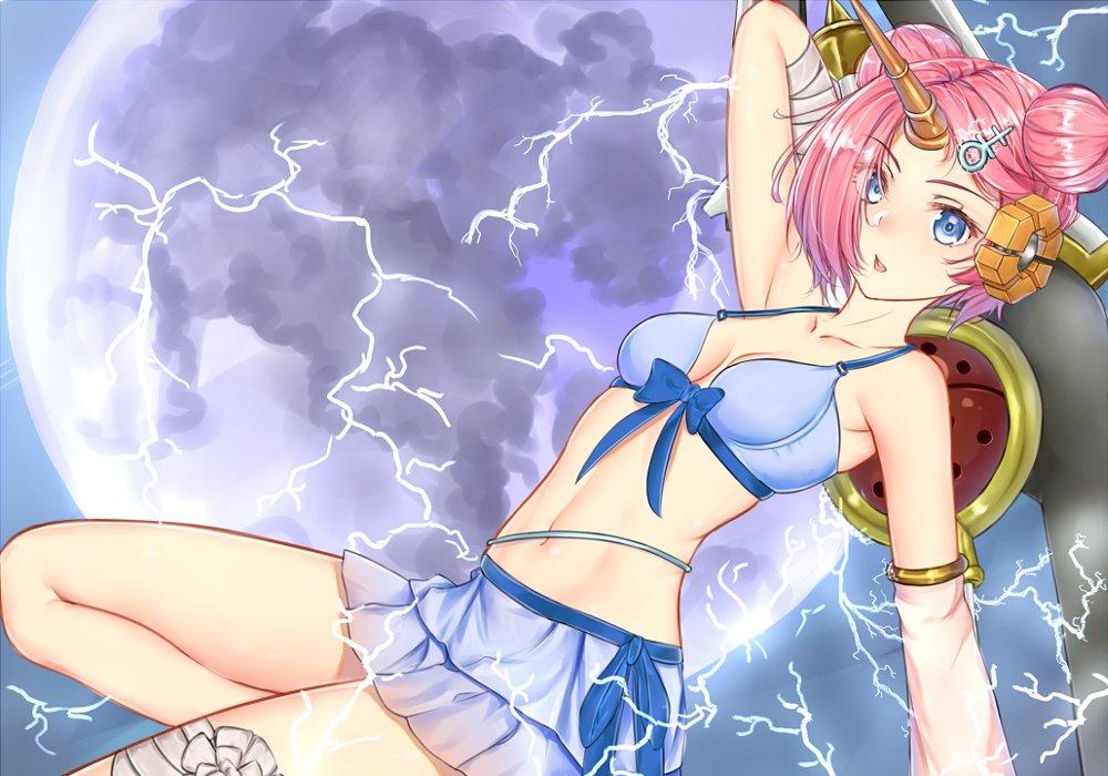 1girl bandage bandaged_arm bandaged_leg bikini blue_bikini blue_eyes breasts cleavage dahadekan detached_sleeves double_bun electricity fang fate/grand_order fate_(series) frankenstein's_monster_(fate) full_moon hair_ornament hair_over_one_eye hairclip horn looking_at_viewer moon pink_hair short_hair solo swimsuit
