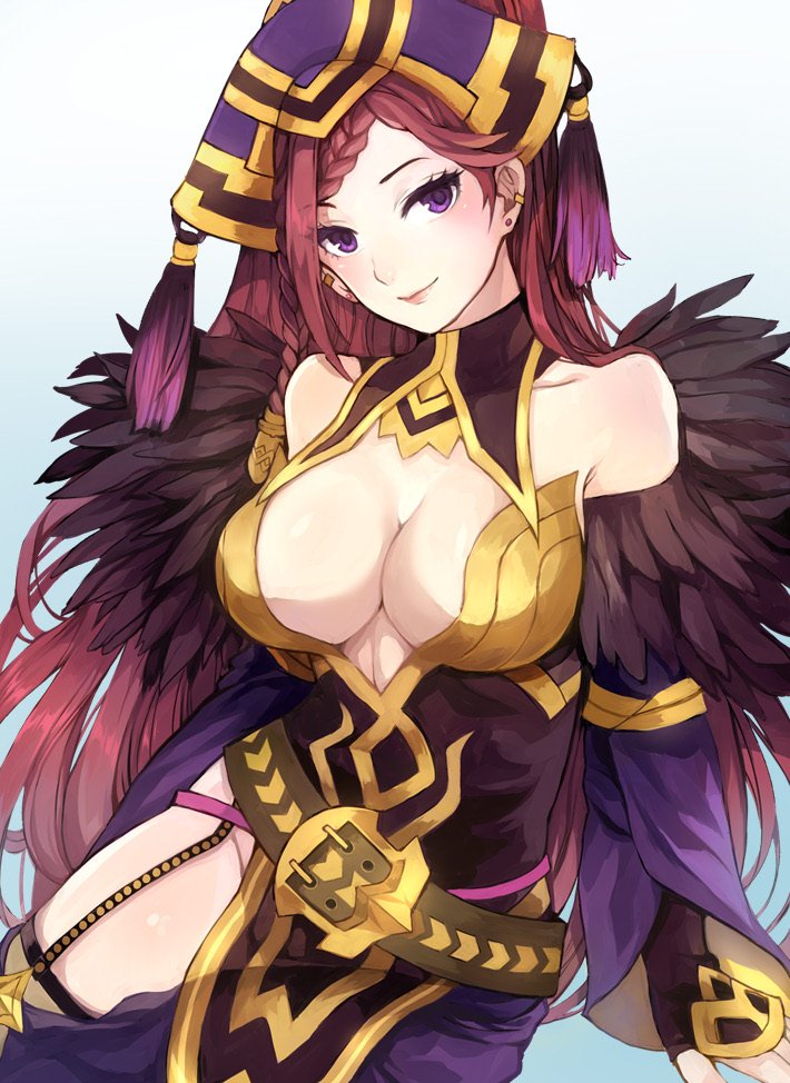 1girl bare_shoulders belt braid breasts cleavage dress earrings feather_trim fire_emblem fire_emblem_heroes hat jewelry jurge large_breasts lips lipstick loki_(fire_emblem_heroes) long_hair makeup purple_hair simple_background smile violet_eyes