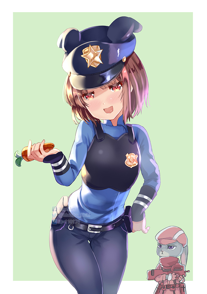 1girl :d animal animal_ears belt_buckle black_belt black_hat black_pants blue_shirt blush brown_hair buckle bullpup carrot commentary_request cosplay costume_switch ears_down food fur-trimmed_gloves fur_trim gloves green_background gun hand_on_hip hat head_tilt holding holding_food holding_gun holding_weapon judy_hopps judy_hopps_(cosplay) llenn_(sao) llenn_(sao)_(cosplay) long_sleeves looking_at_viewer open_mouth p-chan_(p-90) p90 pants peaked_cap pink_gloves pink_hat police police_badge police_uniform policewoman rabbit rabbit_ears red_eyes shirt smile submachine_gun sword_art_online sword_art_online_alternative:_gun_gale_online twitter_username two-tone_background uniform violet_eyes weapon white_background xephonia zootopia