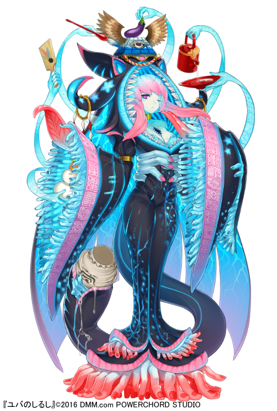 1girl blue_skin chest_mouth commentary_request cup dress eggplant expressionless extra_arms extra_mouth full_body hood iltusa monster_girl multitasking official_art one_eye_closed pink_hair pouring sakazuki solo tail tentacle_clothes tentacle_hair tongue tongue_out urn violet_eyes white_background wide_sleeves yuba_no_shirushi