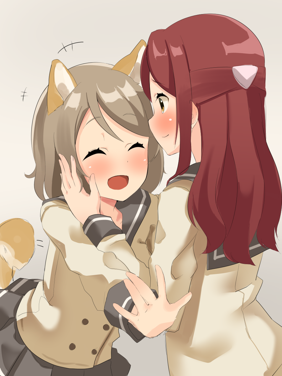 +++ 2girls \||/ ^_^ animal_ears bad_id bad_pixiv_id blush closed_eyes dog_ears dog_tail double-breasted eyebrows_visible_through_hair grey_background grey_hair grey_skirt hair_ornament hairclip half_updo hand_on_another's_cheek hand_on_another's_face highres kemonomimi_mode long_hair long_sleeves looking_at_another love_live! love_live!_sunshine!! miniskirt multiple_girls notice_lines open_mouth pleated_skirt redhead sakurauchi_riko school_uniform serafuku short_hair skirt smile tail uni_mmtab uranohoshi_school_uniform watanabe_you yellow_eyes