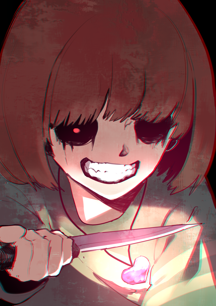 1other brown_hair chara_(undertale) chromatic_aberration evil_grin evil_smile glowing glowing_eye grin heart heart_necklace holding holding_knife knife missing_eye red_eyes smile solo striped striped_sweater sweater undertale upper_body uta_(xuyansong1996)