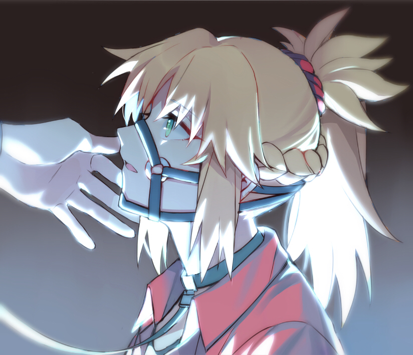 1girl bangs blonde_hair braid bridle brown_background collar collared_jacket eyebrows_visible_through_hair fate/apocrypha fate_(series) green_eyes jacket leash long_hair looking_away mordred_(fate) mordred_(fate)_(all) o-ring open_clothes open_jacket parted_lips ponytail portrait profile red_jacket solo_focus yorukun