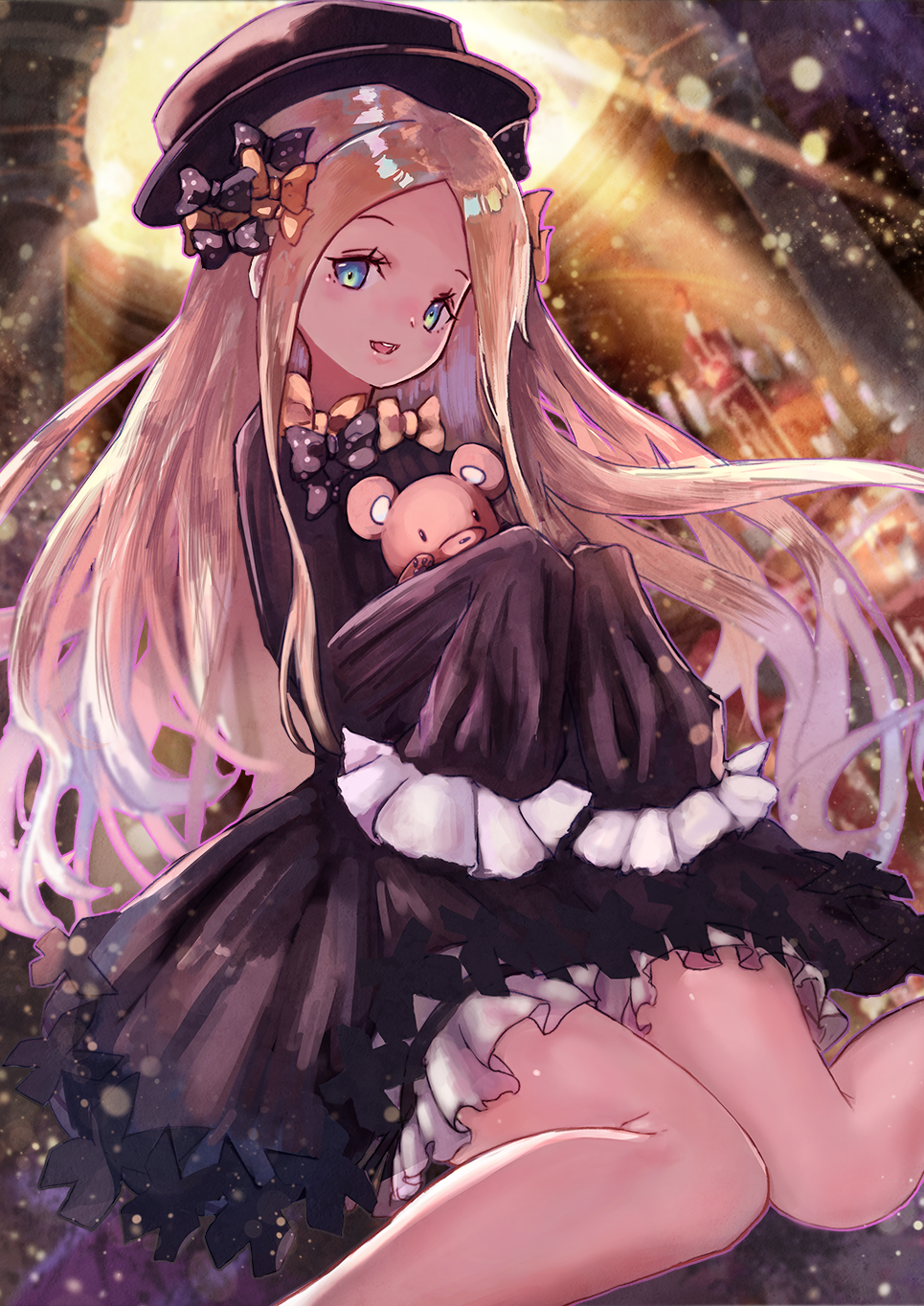1girl :d abigail_williams_(fate/grand_order) bangs black_bow black_dress black_hat blonde_hair bloomers blue_eyes blurry blurry_background blush bow bug butterfly commentary_request cropped_legs depth_of_field dress fate/grand_order fate_(series) forehead hair_bow hands_up hat head_tilt highres indoors insect long_hair long_sleeves looking_at_viewer object_hug open_mouth orange_bow parted_bangs polka_dot polka_dot_bow round_teeth shin_murasame sitting sleeves_past_fingers sleeves_past_wrists smile solo stuffed_animal stuffed_toy sunlight teddy_bear teeth underwear upper_teeth very_long_hair wariza white_bloomers
