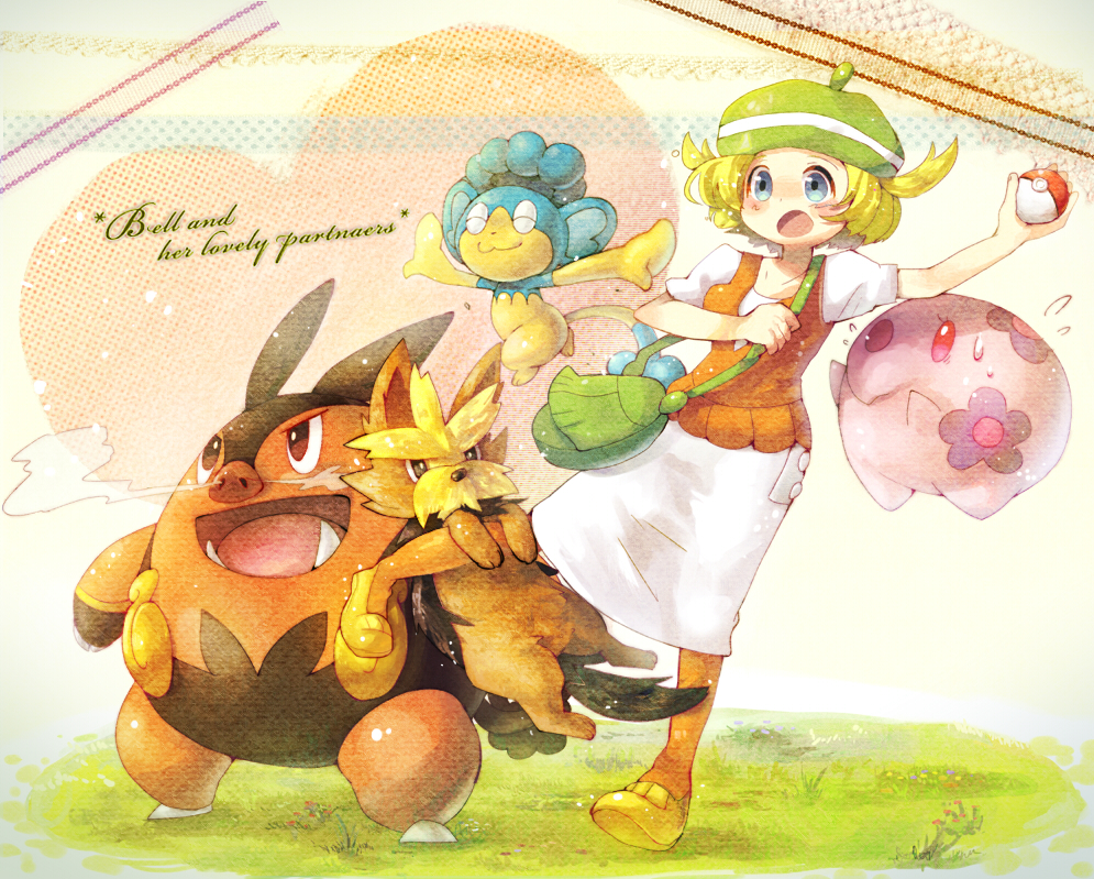 1girl bel_(pokemon) bianca_(pokemon) blonde_hair breasts commentary_request green_hat hat herdier medium_hair munna nara_umi panpour pignite pokemon pokemon_(creature) pokemon_(game) pokemon_bw