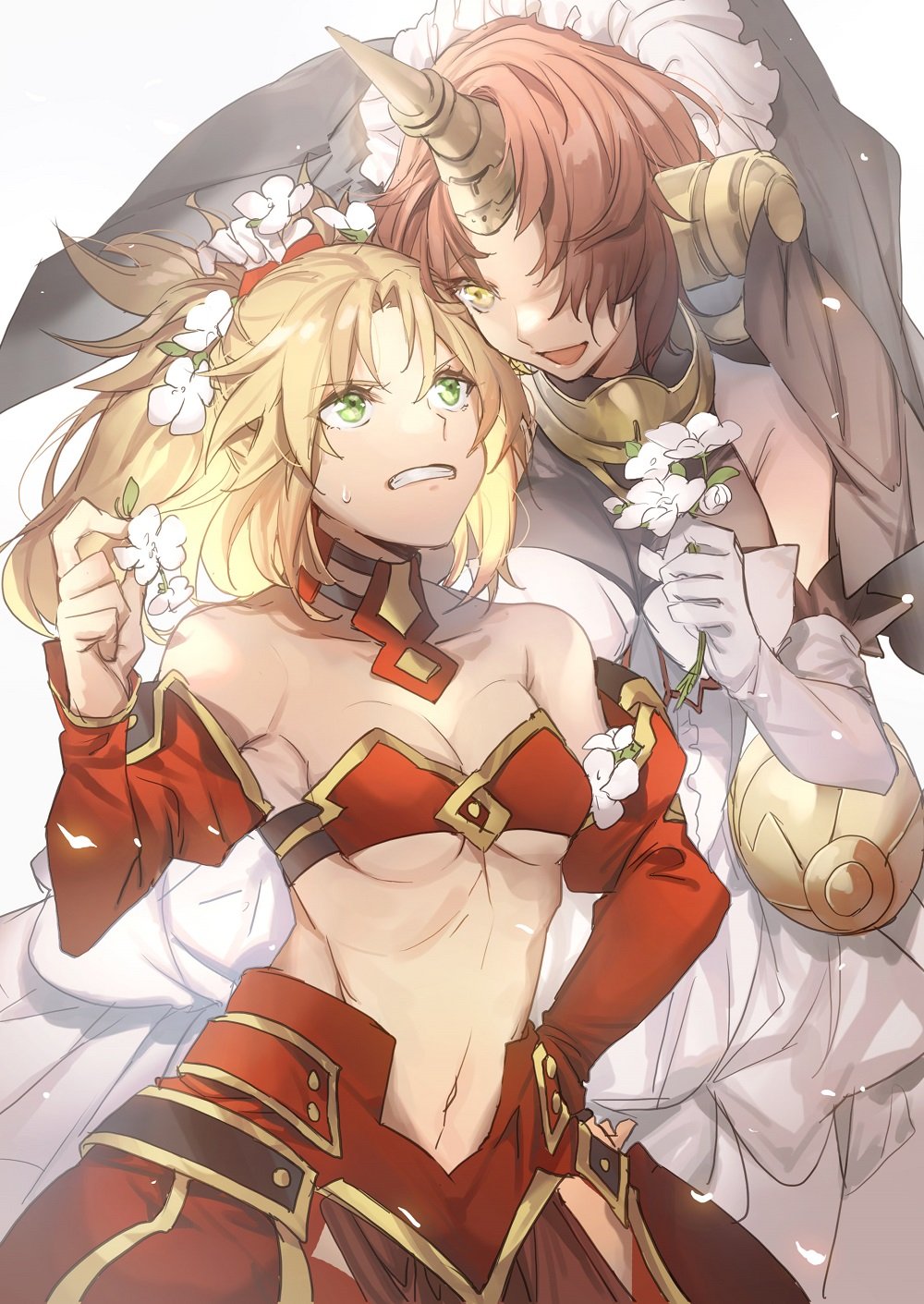 2girls bare_shoulders blonde_hair breasts brown_hair cleavage detached_collar detached_sleeves fate/apocrypha fate/grand_order fate_(series) flower frankenstein's_monster_(fate) green_eyes hair_flower hair_ornament hair_over_one_eye hand_on_hip highres horn medium_hair mordred_(fate) mordred_(fate)_(all) multiple_girls navel no-kan revealing_clothes short_hair small_breasts strapless sweatdrop tubetop under_boob veil yellow_eyes