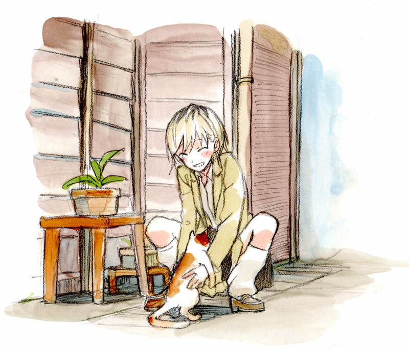 1girl ^_^ blazer blonde_hair blush_stickers cat closed_eyes commentary grin jacket loafers loose_socks open_blazer open_clothes open_jacket petting plant potted_plant school_uniform shiratama_(hockey) shoes short_hair smile squatting stool watashi_ga_motenai_no_wa_dou_kangaetemo_omaera_ga_warui! white_legwear yoshida_masaki