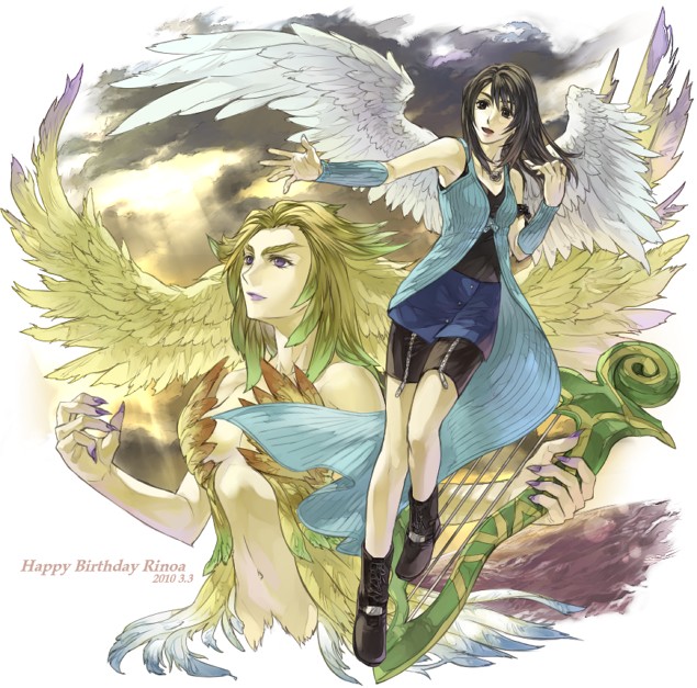 2girls angel_wings arm_warmers bangs bike_shorts bike_shorts_under_skirt black_footwear black_shorts blue_cardigan blue_skirt breasts buttons cardigan character_name cleavage dated denim denim_skirt dress female final_fantasy final_fantasy_viii fingernails full_body happy_birthday harp head_wings holding holding_instrument instrument long_hair medium_breasts miniskirt multiple_girls open_mouth purple_nails rinoa_heartilly shorts shorts_under_skirt siren_(final_fantasy) skirt sleeveless sleeveless_duster undershirt violet_eyes wings zipper