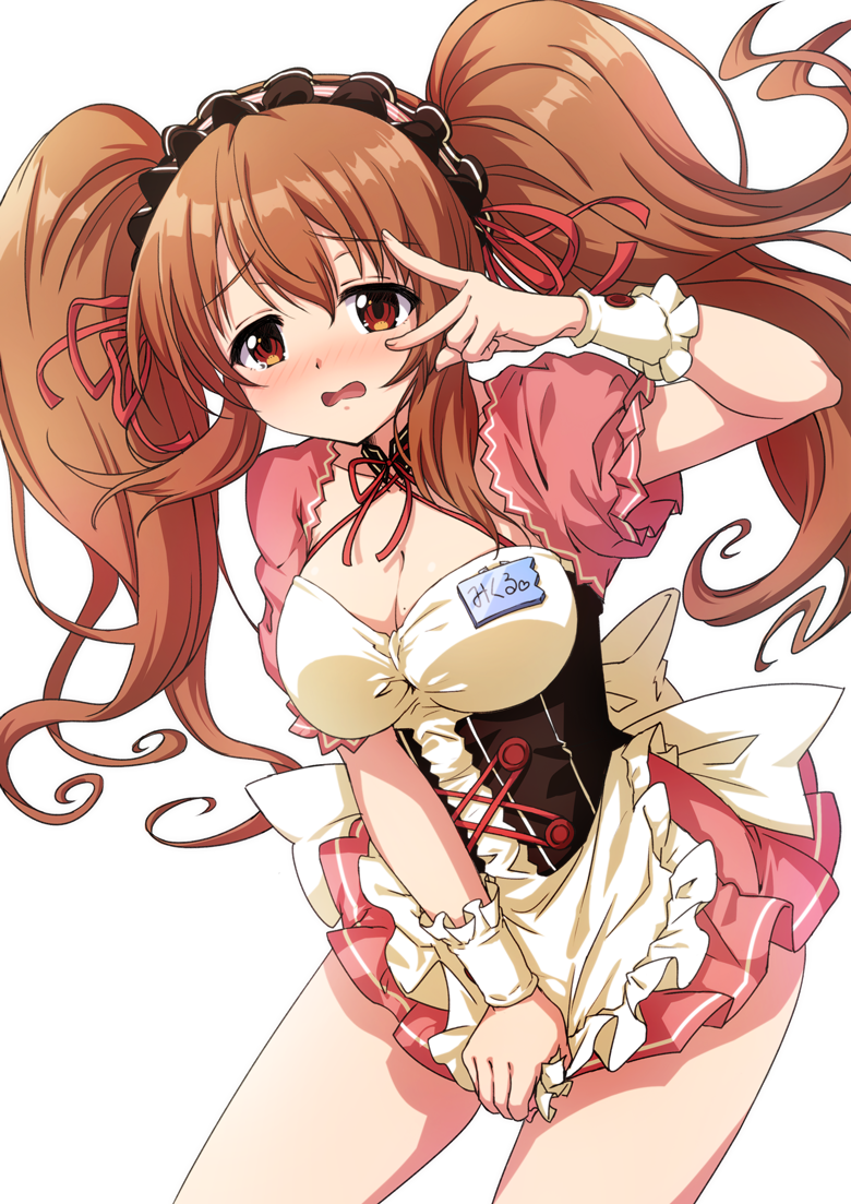 1girl alternate_costume apron apron_tug asahina_mikuru blush breasts brown_eyes brown_hair character_name choker cleavage cowboy_shot embarrassed enmaided eyebrows_visible_through_hair floating_hair hair_between_eyes hair_ribbon large_breasts long_hair maid maid_headdress matokechi miniskirt open_mouth pink_skirt pleated_skirt red_ribbon ribbon short_sleeves simple_background skirt solo standing suzumiya_haruhi_no_yuuutsu twintails very_long_hair white_apron white_background wrist_cuffs