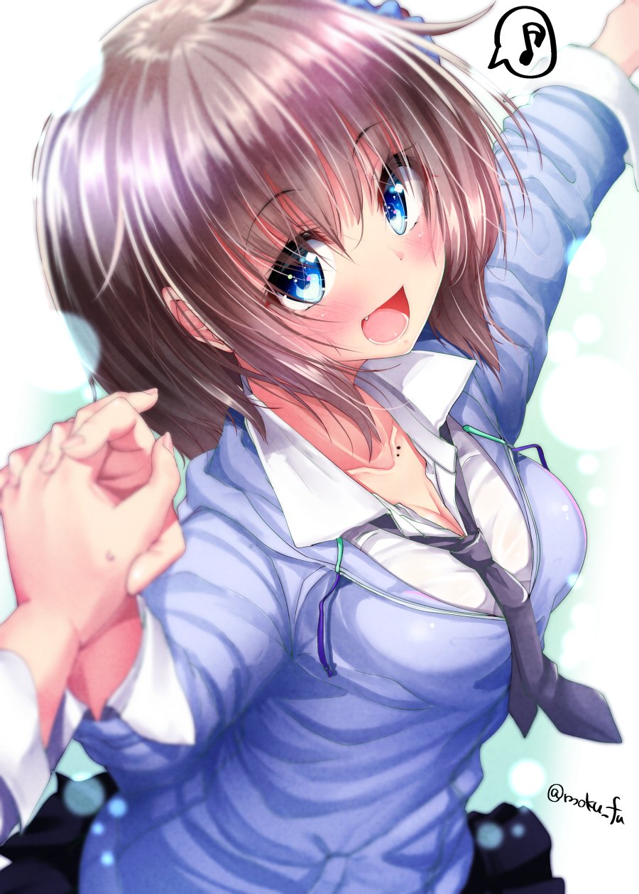 1girl blue_eyes brown_hair fang hand_holding highres long_hair looking_at_viewer mokufuu musical_note open_mouth original pleated_skirt pointing pointing_forward pov pov_hands skirt smile solo spoken_musical_note