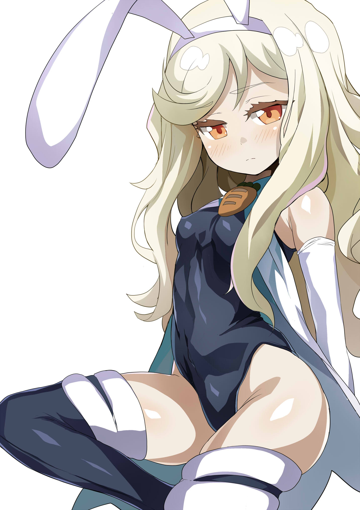 1girl animal_ears arms_behind_back black_legwear black_leotard blonde_hair boots brown_eyes cape carrot character_request commentary_request copyright_request elbow_gloves fake_animal_ears gloves highres leg_lift leotard long_hair rabbit_ears shimejinameko simple_background solo standing standing_on_one_leg thigh-highs thigh_boots white_background white_cape white_gloves