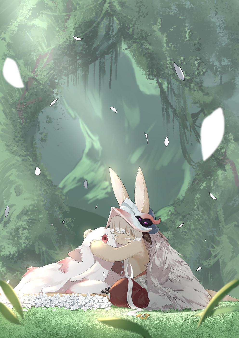 1girl animal_ears blurry claws closed_eyes colored_eyelashes creature crying depth_of_field ears_through_headwear flower from_side furry grass helmet highres horned_helmet hug made_in_abyss mitty_(made_in_abyss) nanachi_(made_in_abyss) no_mouth on_ground open_mouth pants petals red_eyes red_pants sitting topless tree uta_(xuyansong1996) whiskers white_hair