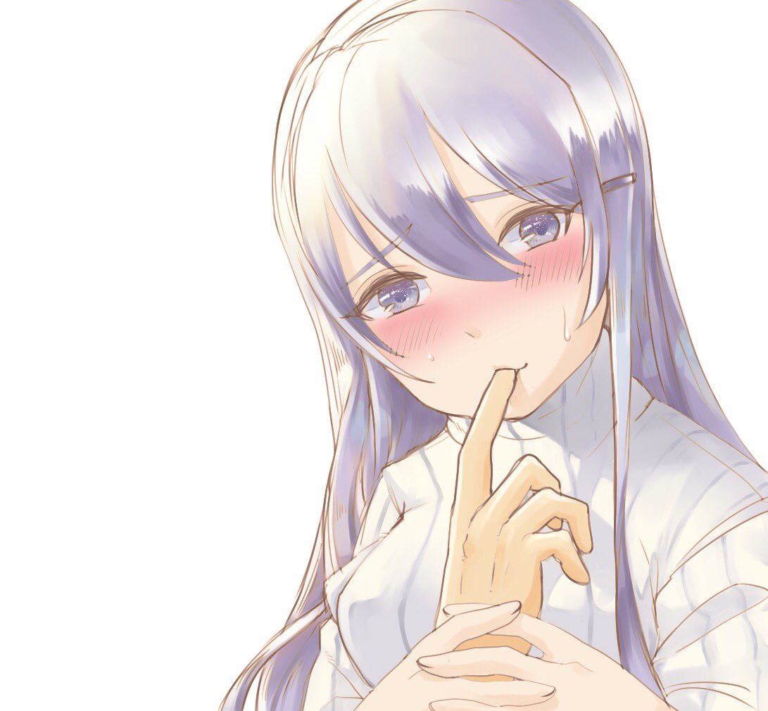 1girl blush commentary_request doki_doki_literature_club eyebrows_visible_through_hair finger_sucking hair_between_eyes hair_ornament hairclip head_tilt holding_hand long_hair looking_at_viewer pov purple_hair ribbed_sweater rowtori simple_background solo_focus sweater violet_eyes white_background white_sweater yuri_(doki_doki_literature_club)