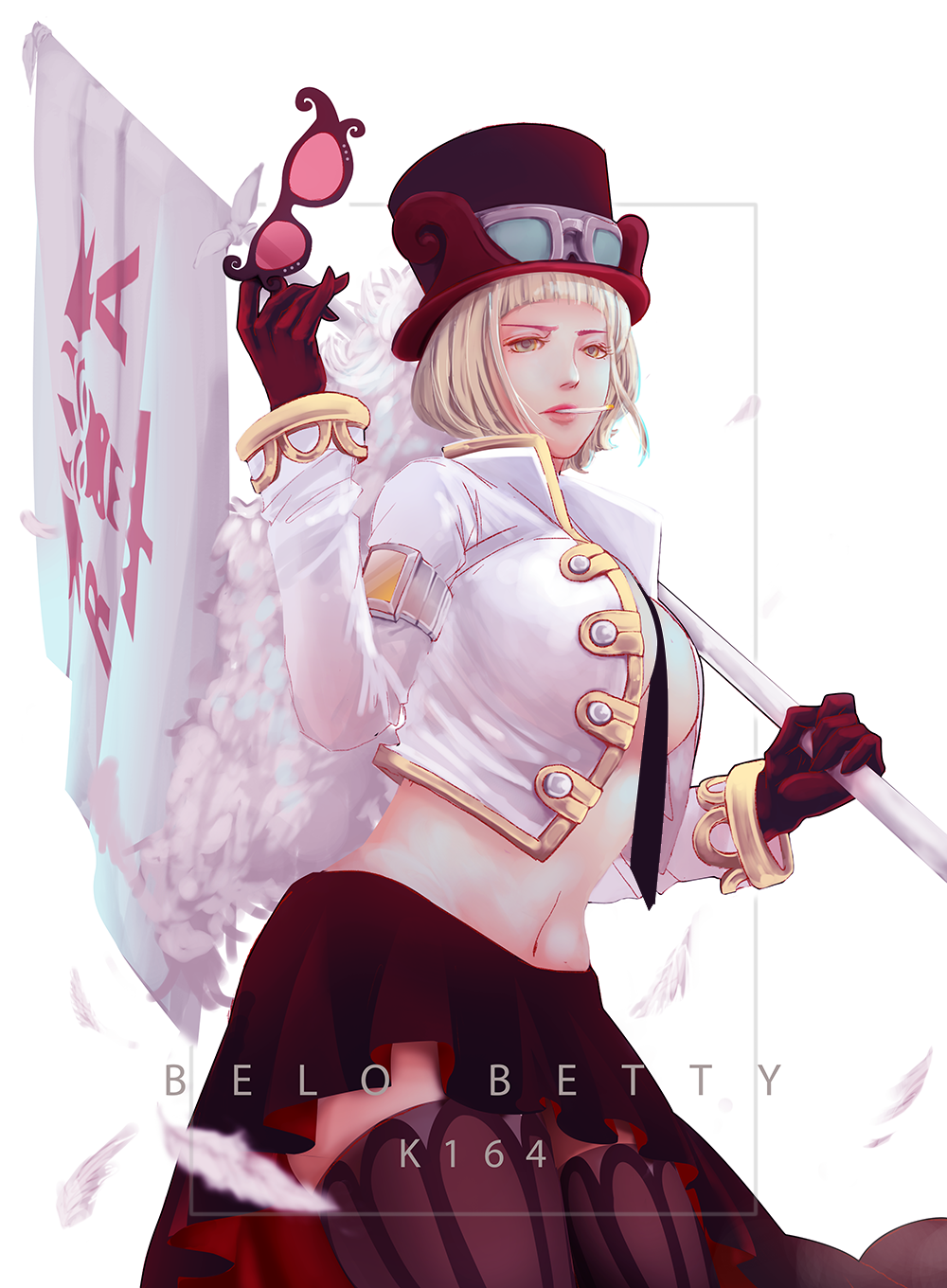 1girl artist_name belo_betty between_breasts blonde_hair breasts character_name cigarette commentary cowboy_shot cropped_jacket eyewear_removed flag gloves goggles goggles_on_headwear hat highres holding holding_eyewear holding_flag k164 large_breasts lips long_sleeves midriff navel necktie necktie_between_breasts one_piece plume short_hair skirt smoking solo sunglasses thigh-highs top_hat zettai_ryouiki