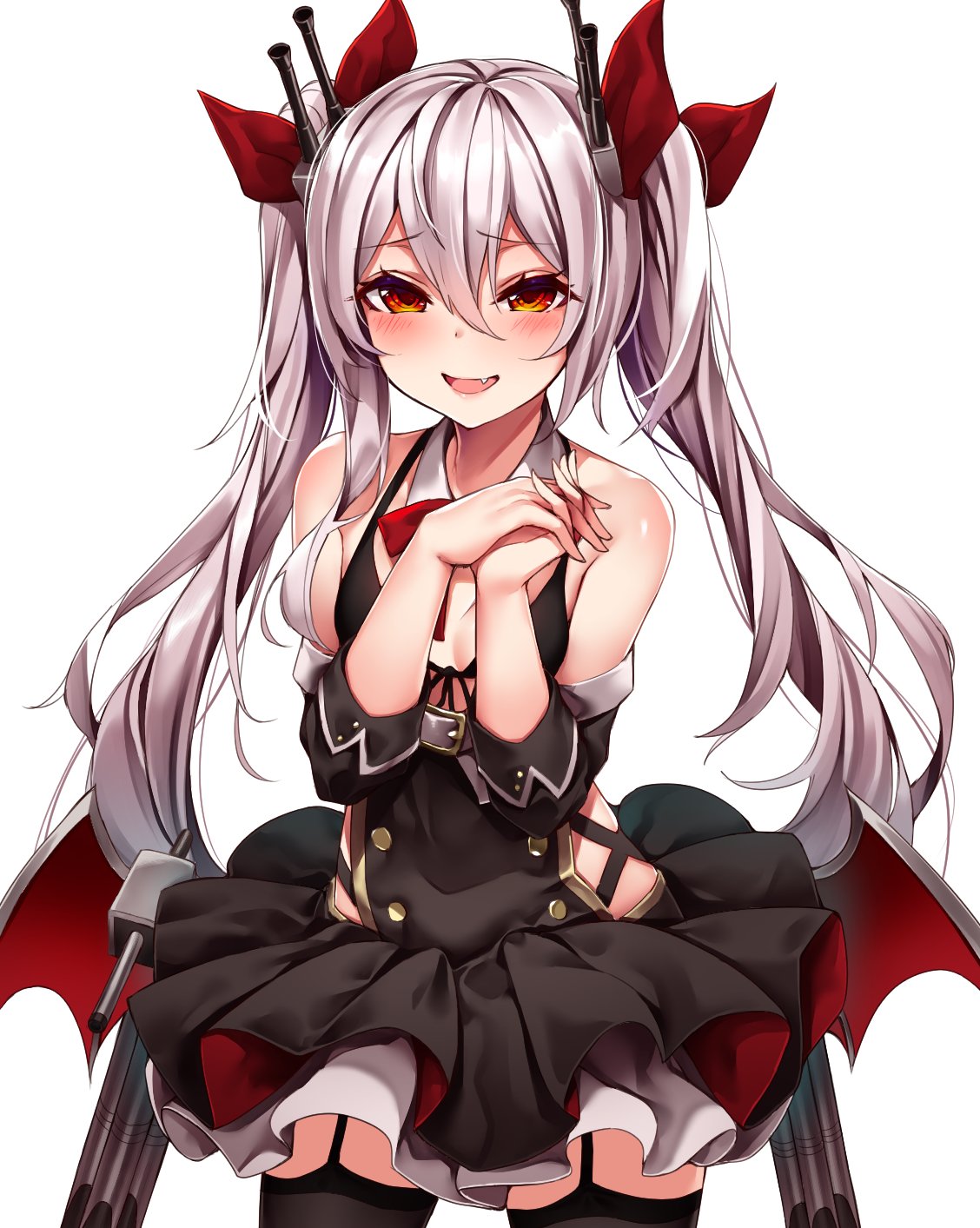 1girl azur_lane black_legwear black_skirt blush bow breasts brown_eyes cleavage eyebrows_visible_through_hair garter_straps hair_bow hands_clasped highres kaerunoko large_breasts long_hair looking_at_viewer open_mouth own_hands_together red_bow silver_hair skirt smile solo thigh-highs twintails upper_body vampire_(azur_lane)