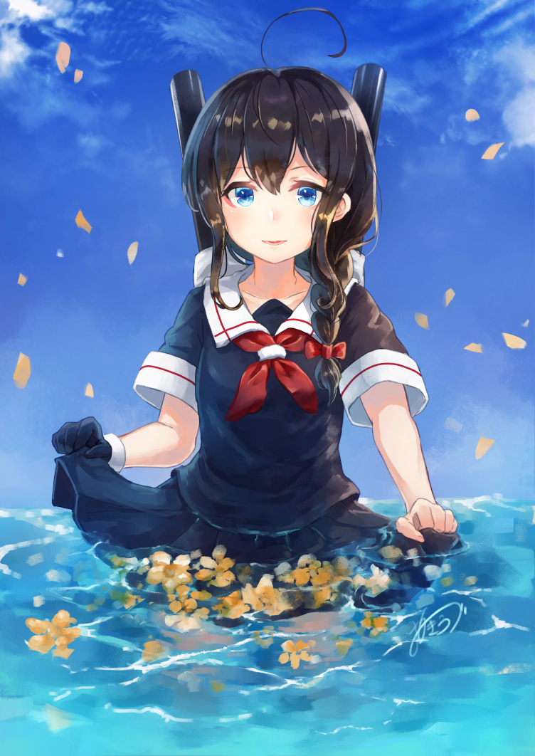 1girl ahoge bangs black_hair blue_eyes blue_sky bow braid cannon clouds commentary_request eyebrows_visible_through_hair flower gloves hair_bow hair_over_shoulder kantai_collection kiuzu_(ko_kiu2) long_hair looking_at_viewer machinery neckerchief ocean open_mouth partially_submerged petals pleated_skirt red_neckwear remodel_(kantai_collection) school_uniform serafuku shigure_(kantai_collection) shirt short_sleeves signature single_braid single_glove skirt skirt_hold sky smile solo standing teeth water