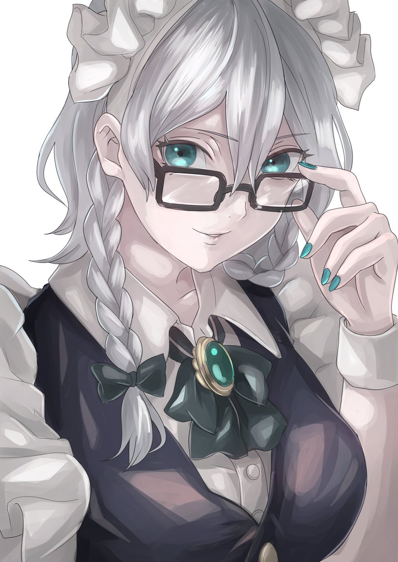 1girl adjusting_eyewear bespectacled black-framed_eyewear black_bow black_neckwear black_ribbon blue_eyes blue_nails bow braid breasts brooch commentary_request glasses hair_between_eyes hair_bow hand_up izayoi_sakuya jan_(lightdragoon) jewelry looking_at_viewer maid maid_headdress medium_breasts nail_polish neck_ribbon parted_lips ribbon short_hair silver_hair simple_background smile solo touhou twin_braids upper_body white_background wing_collar wrist_cuffs