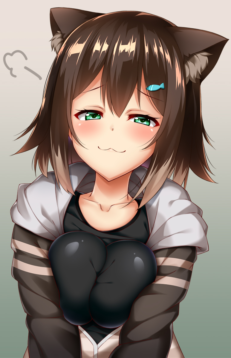 1girl :3 animal_ears bangs black_shirt blush brown_background brown_hair brown_jacket cat_ears closed_mouth collarbone commentary_request eyebrows_visible_through_hair fish_hair_ornament fumino_tamaki gradient gradient_background green_eyes grey_background hair_between_eyes hair_ornament half-closed_eyes head_tilt highres hood hood_down hooded_jacket jacket kuragari light_brown_hair long_hair multicolored_hair nijisanji open_clothes open_jacket shirt solo two-tone_hair upper_body virtual_youtuber