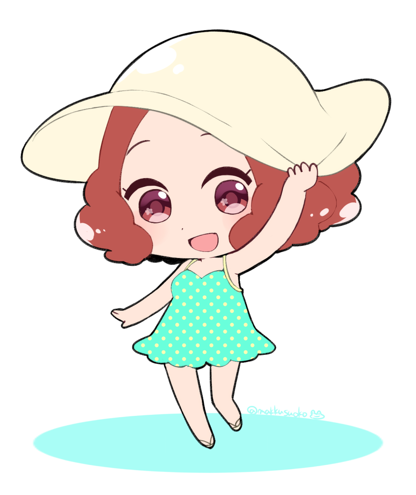 1girl :d blush brown_eyes brown_hair chibi commentary do_m_kaeru hat okumura_haru open_mouth persona persona_5 sandals short_hair smile solo sun_hat swimsuit twitter_username