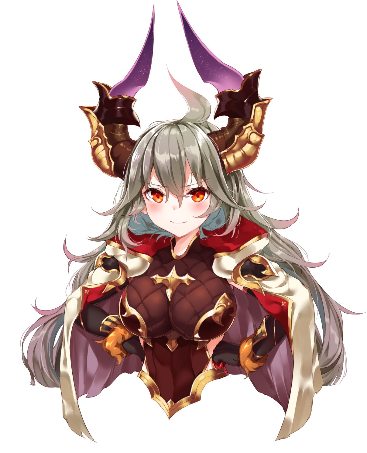 1girl black_gloves blush breasts cleavage closed_mouth eyebrows_visible_through_hair gloves granblue_fantasy grey_hair hands_on_hips highres horns kaerunoko large_breasts long_hair looking_at_viewer red_eyes smile solo thalatha_(granblue_fantasy)