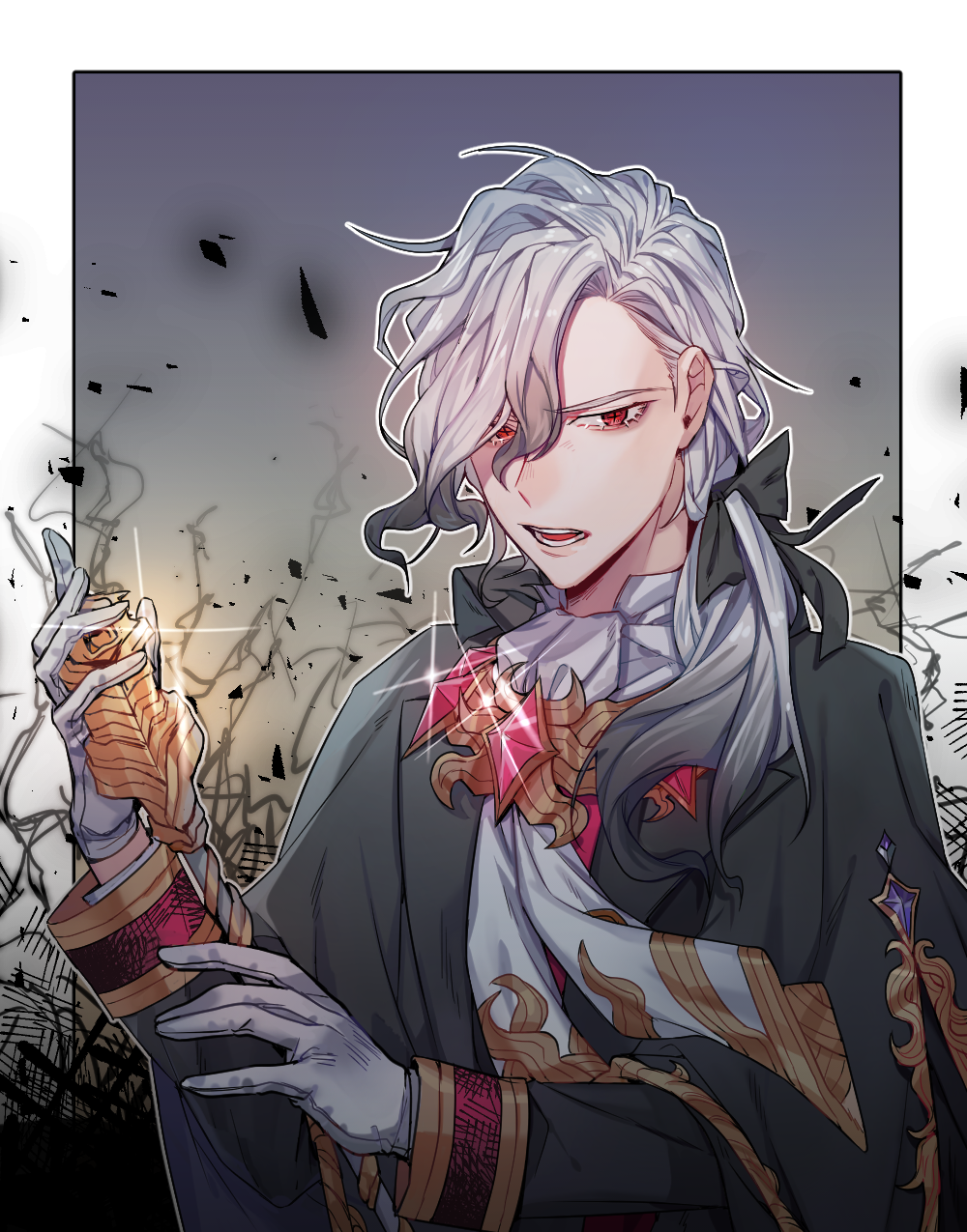 +_+ 1boy alternate_costume ascot black_cloak cane cloak currypang edmond_dantes_(fate/grand_order) fate/grand_order fate_(series) gloves hair_ribbon highres jewelry open_mouth ponytail red_eyes ribbon simple_background symbol-shaped_pupils white_gloves white_hair