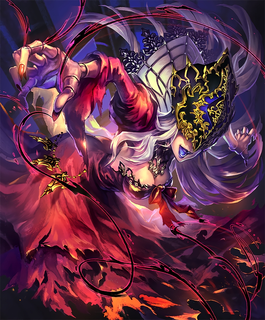 1girl artist_request breasts covered_eyes cygames doll_joints dress fingernails gold_trim high_collar large_breasts long_hair official_art open_mouth puppet_strings ribbon shadowverse sharp_fingernails shingeki_no_bahamut torn_clothes victoria_(shadowverse) white_hair