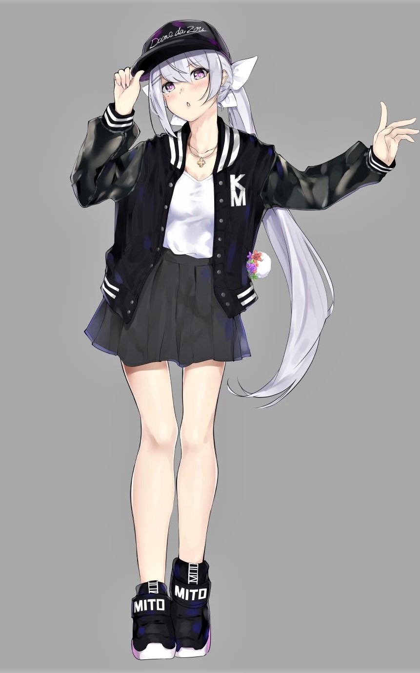 1girl adjusting_clothes adjusting_hat bangs baseball_cap black_footwear black_hat black_jacket blush character_name chestnut_mouth clothes_writing commentary_request cross eyebrows_visible_through_hair full_body grey_background hair_ornament hair_ribbon hairclip hand_up hat highres higuchi_kaede jacket jewelry long_hair long_sleeves looking_away mole mole_under_eye necklace nijisanji outstretched_arm pirapirapirapira pleated_skirt ponytail ribbon shirt shoes silver_hair simple_background skirt sneakers solo standing very_long_hair violet_eyes virtual_youtuber white_ribbon white_shirt