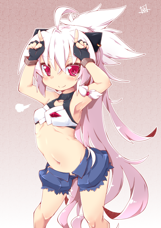 1girl armpits arms_up blush fingerless_gloves gloves halterneck horns long_hair looking_at_viewer navel original pointy_ears red_eyes reku shiroko_(reku) shorts sleeveless smile solo white_hair