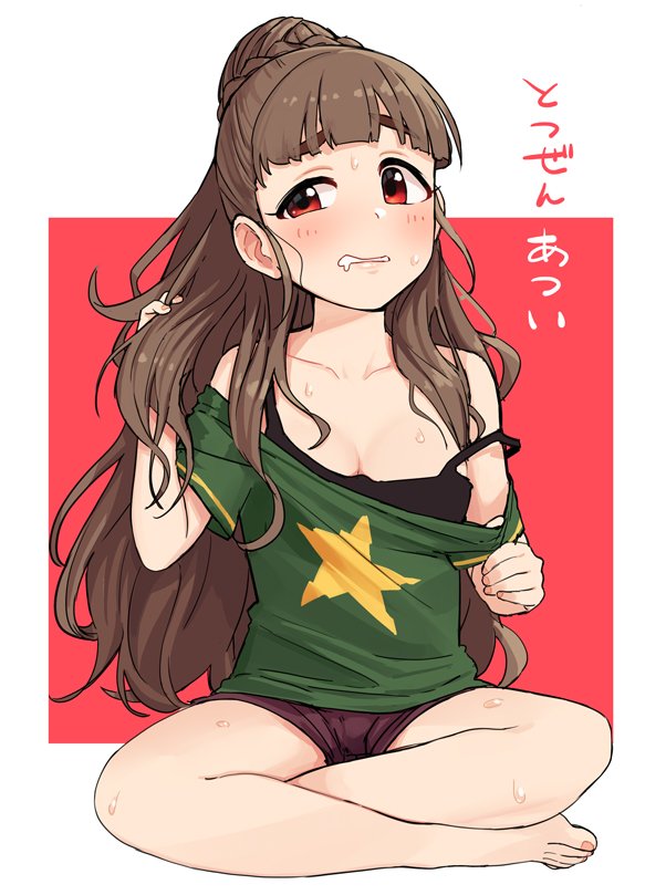 1girl bare_legs barefoot black_tank_top breasts brown_hair eyebrows_visible_through_hair flat_bangs hair_bun half_updo hot idolmaster idolmaster_cinderella_girls indian_style kamiya_nao long_hair omaru_gyuunyuu red_background red_eyes saliva shirt shirt_pull short_shorts shorts simple_background sitting solo star star_print sweat t-shirt tank_top thick_eyebrows white_background