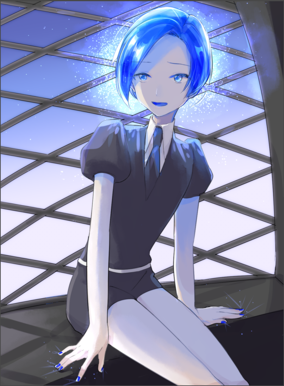 1other androgynous benitoite_(houseki_no_kuni) blue_eyes blue_hair colored_eyelashes gem_uniform_(houseki_no_kuni) glowing glowing_hair highres houseki_no_kuni necktie open_mouth short_hair sitting solo uzura_(bonnet225)